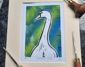 Original Gradient Swan #2 Colour Linocut Print: Hand Made Aboard Narrowboat Charlamy and Ready to Frame