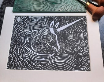 Original Unicorn Linocut Print: Hand Made Aboard Narrowboat Charlamy and Ready to Frame