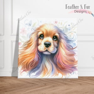 May include: Watercolor painting of a Cocker Spaniel dog with long, flowing hair. The dog's fur is painted in shades of orange, pink, and blue, and the background is a soft white with watercolor flowers.