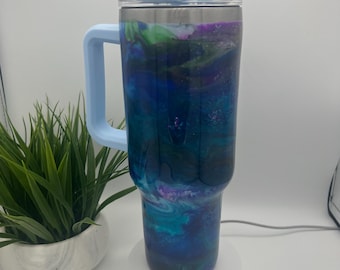 40 Oz handle custom tumbler alcohol glitter design