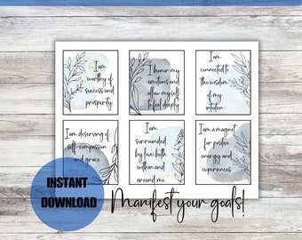 May include: Set of 42 printable affirmation cards with blue watercolor backgrounds and black line drawings of leaves. The cards feature positive affirmations such as "I am worthy of success and prosperity" and "I am a magnet for positive energy and experiences".