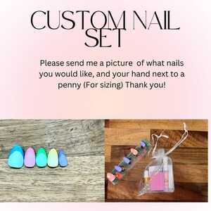 May include: A set of custom nail tips in various colours, including blue, green, and purple. The tips are arranged on a wooden surface. The image also shows a small bag containing nail polish and other supplies.