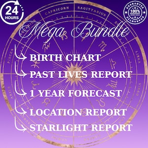 Op de afbeelding: Een paarse en gouden afbeelding met de woorden "Mega Bundle" en astrologische elementen. Tekst bevat "Birth Chart", "Past Lives Report", "1 Year Forecast", "Location Report" en "Starlight Report". Er wordt ook een 24-uurs garantie weergegeven.
