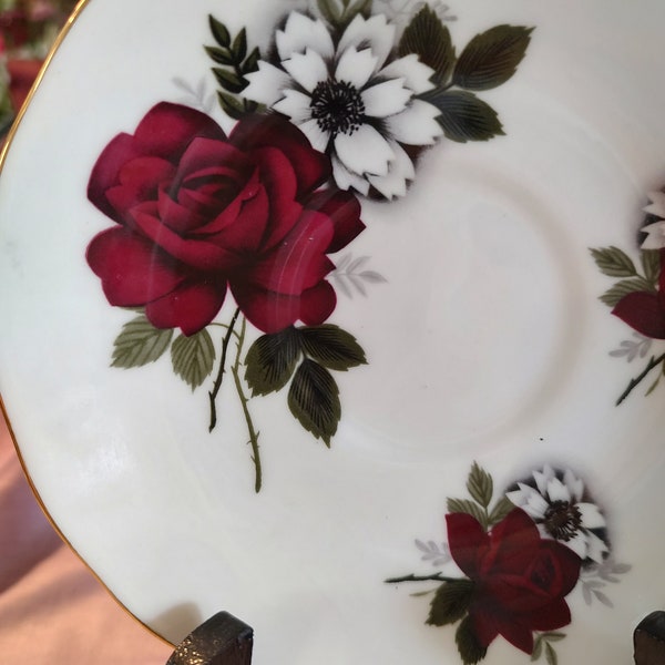 QUEEN ANNE Bone China, orphan saucer, white & dark burgundy roses,gold trim