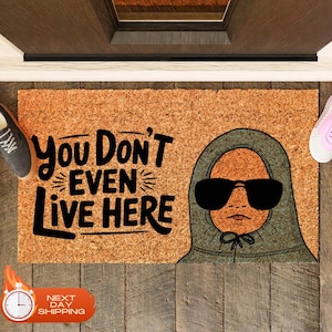 Puede incluir: Una alfombra de bienvenida marr&oacute;n con el texto "You Don't Even Live Here" en letras negras. Una ilustraci&oacute;n de dibujos animados de una persona con una sudadera con capucha gris y gafas de sol est&aacute; en el lado derecho de la alfombra.
