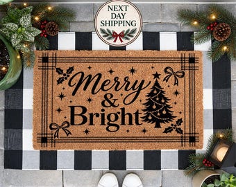 Merry & Bright Christmas Doormat, Coir Porch Decor , Winter Door Mat