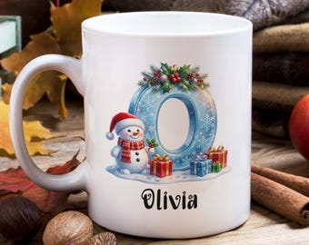 Personalized Christmas Mug, Custom Name, Snowman, Holly, Gifts