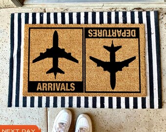 Arrivals And Departures Plane Doormat, Pilot Air Stewardess Doormat, Housewarming Gift, Airplane Mat, Funny Doormat, Front Porch Decor
