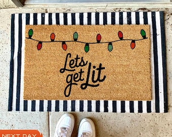 Lets Get Lit Doormat, Christmas Lights Decor, Coir Holiday Mat