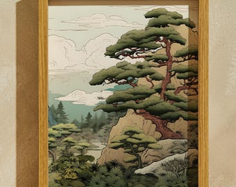 Lámina artística de bosque japonés, decoración de pared con paisaje natural, marco de arte botánico.
