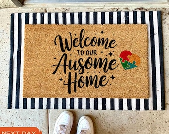 Felpudo de fibra de coco para concienciación sobre el autismo, Ausome Home Welcome Mat