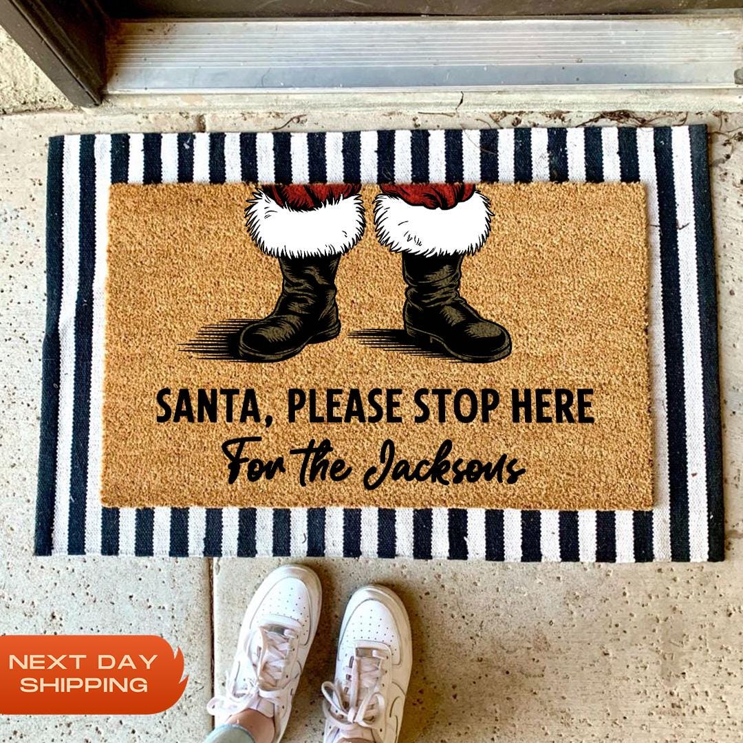 Custom Santa Please Stop Here Doormat, Entryway Decor, Welcome Door Mat, Front Door Decor, Front Door Mat, Coir Doormat, Custom Holiday Gift