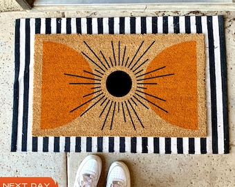 Mid Century Modern Coir Doormat, Geometric Sun Design