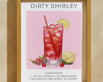 Dirty Shirley Framed Wall Art, Dirty Shirley Print, Retro Cocktail Art, Vintage Bar Wall Art, Dirty Shirley Decor, Retro Bar Cart Art