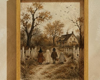 Vintage Trick or Treat Print, Halloween Children Wall Art, Farmhouse Decor