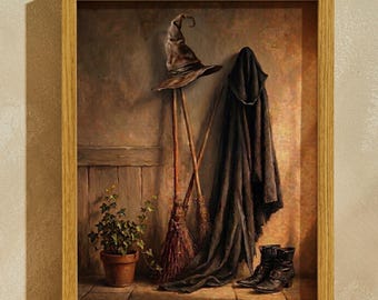 Witch Hat and Broom Wall Art, Spooky Season Print, Dark Rustic Halloween Decor