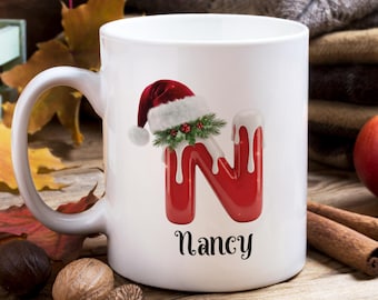 Personalized Christmas Mug, Custom Name, Santa Hat Design