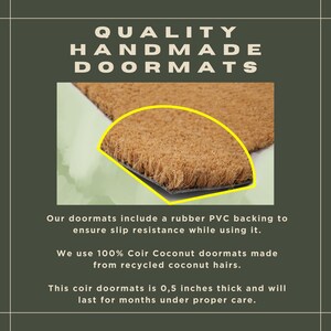 May include: Close-up of a brown coir doormat with a black rubber backing. The doormat is made from recycled coconut fibers and is 0.5 inches thick. The text "QUALITY HANDMADE DOORMATS" is displayed above the doormat.