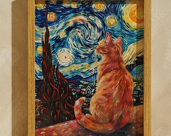 Starry Night Wall Art, Van Gogh Print, Museum Wall Art, Vintage Print, Wall Decor, Framed Print, Cat Lover Gift, Van Gogh Cat Print