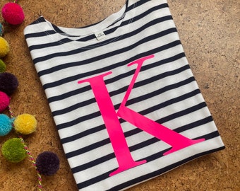 Kids 100% Organic Cotton Breton Top with personalised printed Letter