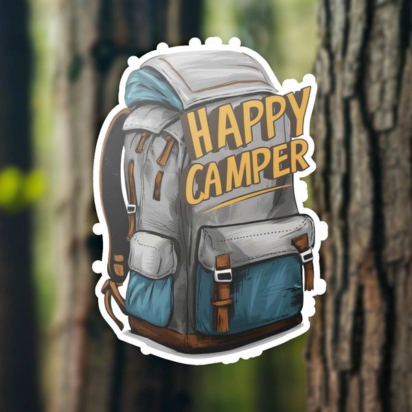 Enchanting Forest Wanderlust - Happy Camper Backpack Sticker - Nature Lover's Adventure Decor - Whimsical Outdoor Theme -Decal of Hiking Bag