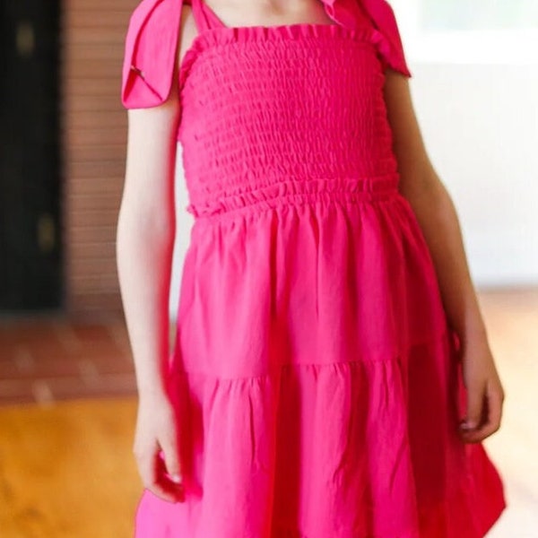 Darling Pink Crepe Tiered Smocked Shoulder Tie Dress