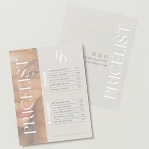 May include: A white and beige price list with a close-up of a woman's face. The price list includes services for lip blushing and lip neutralization with prices listed for different durations. The text "PRICELIST" is written vertically in white on the left side of the image.