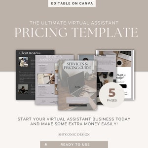 Puede incluir: Una plantilla para una guía de precios de asistente virtual. La plantilla incluye cinco páginas con una página de bienvenida, reseñas de clientes, una guía de servicios y precios, y una página para comenzar una asociación. La plantilla es editable en Canva y está lista para usar.