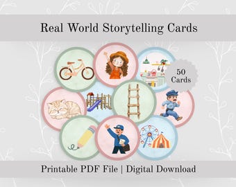 May include: A set of 50 circular Real World Storytelling Cards featuring watercolor illustrations of a bicycle, a person, a kitchen, a cat, a playground, a ladder, a police officer, a pencil, a person, and a carnival. The text reads Real World Storytelling Cards, 50 Cards, and Printable PDF File | Digital Download.