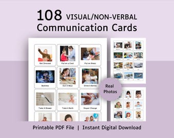 May include: A set of 108 visual and non-verbal communication cards featuring real photos. The cards are organized in a grid format with dashed borders and include text labels such as Get Dressed, Put on a Coat, Put on Shoes, Bedtime, Eat a Meal, Drink a Bottle, Take a Shower, Take a Bath, and Diaper Change.