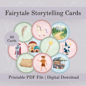 May include: Fairytale Storytelling Cards featuring 50 illustrated cards with whimsical images of a feather, unicorn, forest path, knight, mushroom house, magic wand, wizard, map, fairy, and market stall. The cards are a printable PDF file.
