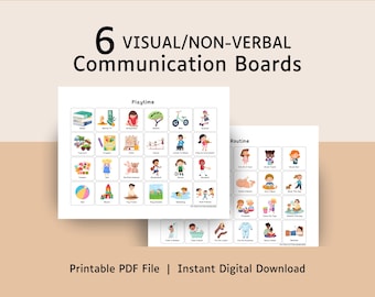 May include: Six visual and non-verbal communication boards featuring grid layouts with colorful illustrations of daily activities and playtime tasks. Each board includes labeled icons for routines like brushing teeth, reading, and playing, presented as a digital file.