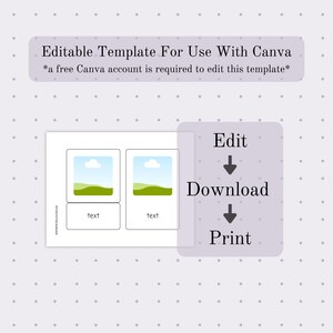 May include: A template with two image placeholders, text boxes, and instructions to edit, download, and print. The text reads "Editable Template For Use With Canva" and "a free Canva account is required to edit this template."