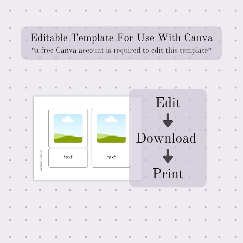 May include: A template with two image placeholders, text boxes, and instructions to edit, download, and print. The text reads "Editable Template For Use With Canva" and "a free Canva account is required to edit this template."