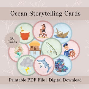 May include: Ocean Storytelling Cards with 50 cards. The image features circular illustrations of ocean-themed elements, including a mermaid, a shark, a boat, and a lifeguard. The text reads "Ocean Storytelling Cards" and "Printable PDF File | Digital Download."