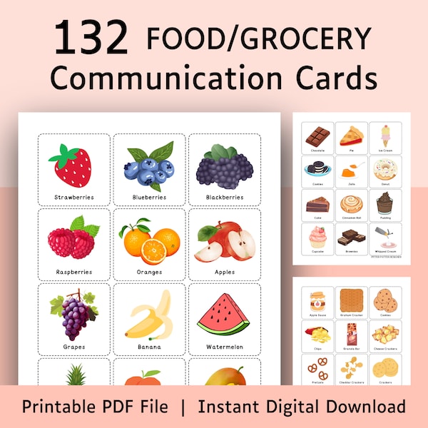 Visual Grocery List for kids, Food Flashcards for toddler, Printable non verbal communication cards for autism Grocery Store Checklist Board