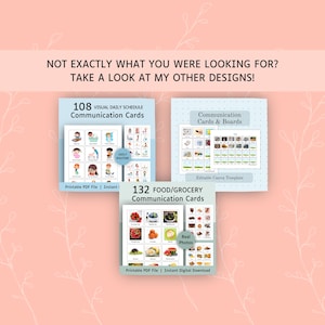 May include: Three sets of printable communication cards and boards featuring visual daily schedules and food grocery items. The text includes 108 Visual Daily Schedule Communication Cards, 132 Food/Grocery Communication Cards, and Communication Cards & Boards.
