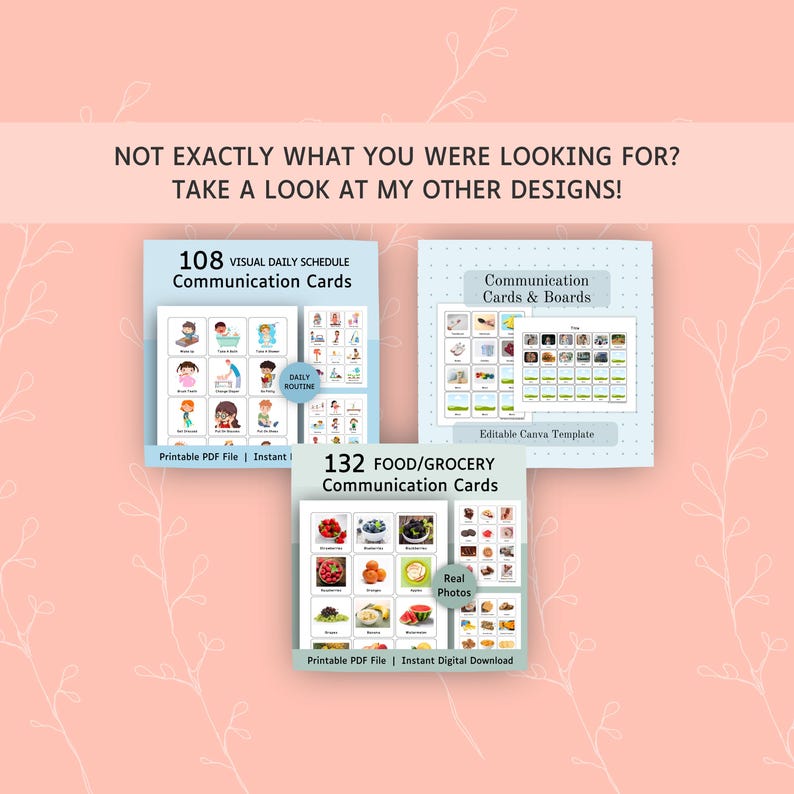 May include: Three sets of printable communication cards and boards featuring visual daily schedules and food grocery items. The text includes 108 Visual Daily Schedule Communication Cards, 132 Food/Grocery Communication Cards, and Communication Cards & Boards.