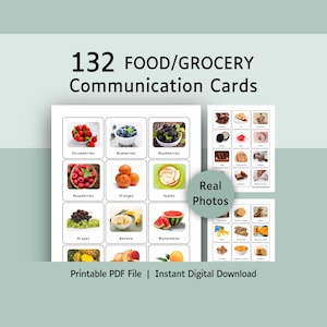 Op de afbeelding: Een set van 132 voedsel- en boodschappencommunicatiekaarten met echte foto's van diverse fruitsoorten en snacks. Het printbare PDF-bestand bevat kaarten in een raster met labels, ontworpen voor visueel leren en communicatie.