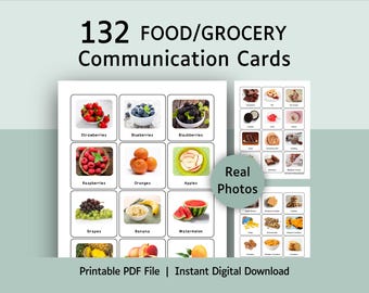 May include: A set of 132 food and grocery communication cards featuring real photos of various fruits and snacks. The printable PDF file includes grid-based cards with labels like strawberries, blueberries, and grapes, designed for visual learning.