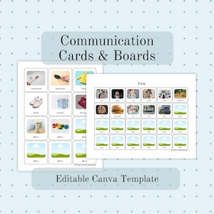 May include: Two white communication boards with images and text. One board has images of a toothbrush, shoes, and clothes. The other board has images of a family, school, and playground. The text "Communication Cards & Boards" is at the top.