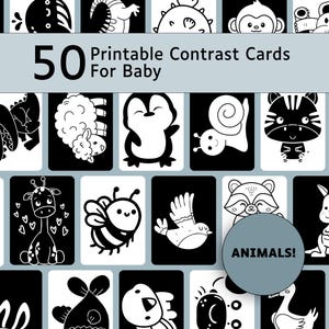 Peut inclure: Ensemble de 50 cartes de contraste imprimables en noir et blanc pour bébé, avec des illustrations d'animaux. Les cartes à fort contraste sont conçues pour stimuler le développement visuel. Le texte sur l'image indique « Animaux ! ».