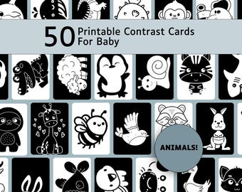 High Contrast Flashcards For Babies: 50 Animal Flashcards In Black And White For Newborn Visual Stimulation Printable PDF (Digital Download)