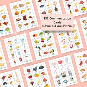 May include: A set of 132 communication cards organized on 11 pages, with 12 cards per page. Each card features a colorful illustration of various food items, drinks, and kitchen objects, accompanied by text labels identifying each item.
