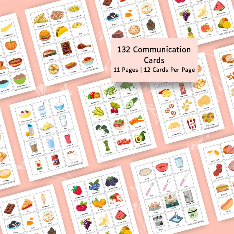 May include: A set of 132 communication cards organized on 11 pages, with 12 cards per page. Each card features a colorful illustration of various food items, drinks, and kitchen objects, accompanied by text labels identifying each item.