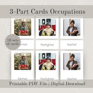Pode incluir: Flashcards educativos com imagens de várias ocupações, incluindo agricultor, bombeiro e professor. Os cartões são rotulados com os nomes das ocupações. O texto diz "3-Part Cards Occupations" e "10 sets of cards".