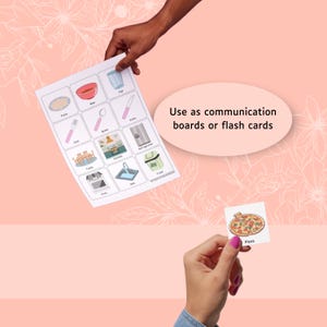 May include: A white sheet featuring a grid of twelve illustrated kitchen-themed icons with labels, including a bowl, cup, plate, spoon, knife, fork, table, kitchen, refrigerator, oven, sink, and trash. A separate square card shows a pizza.