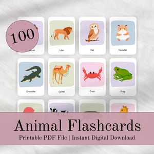 May include: A set of 100 printable animal flashcards. The flashcards feature colorful illustrations of animals such as a lion, owl, hamster, crocodile, camel, crab, and frog. The text "Animal Flashcards" and "Printable PDF File | Instant Digital Download" is displayed at the bottom of the image.