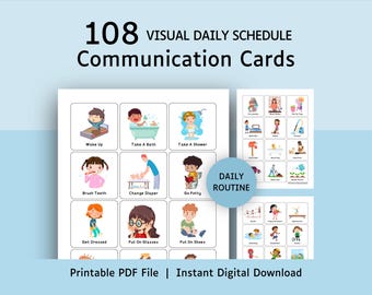 May include: A set of 108 visual daily schedule communication cards featuring colorful illustrations of daily activities like waking up, bathing, and dressing. The cards include text labels and are presented as a printable PDF file.