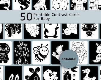 High Contrast Flashcards For Babies: 50 Animal Flashcards In Black And White For Newborn Visual Stimulation Printable PDF (Digital Download)